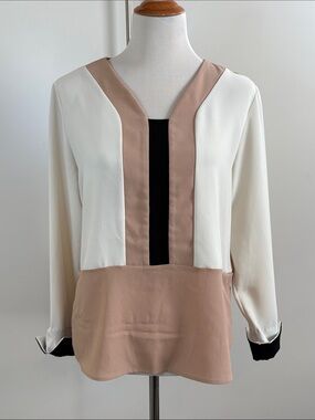 Pinkyotto Cream, Taupe & Black Colorblock V-Neck Blouse